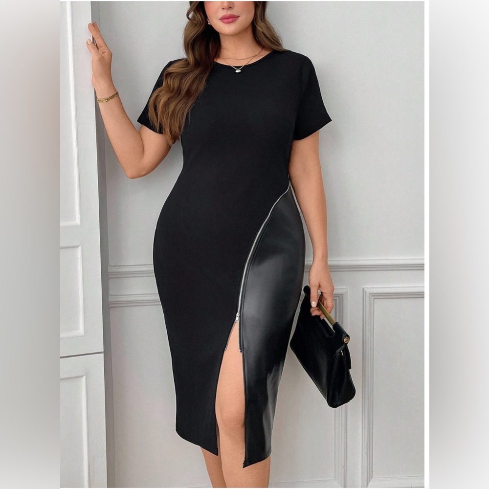 Vegan Leather Zip Up Split Thigh Short Sleeve Dress Black
